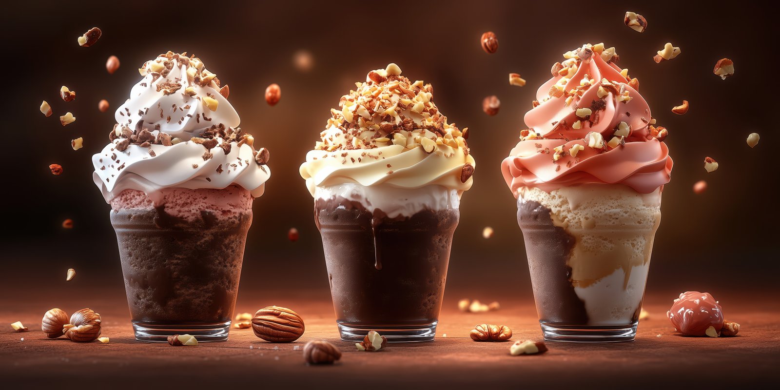 Indulgent ice cream sundaes topped with nuts and chocolate served in clear glasses on a dark background